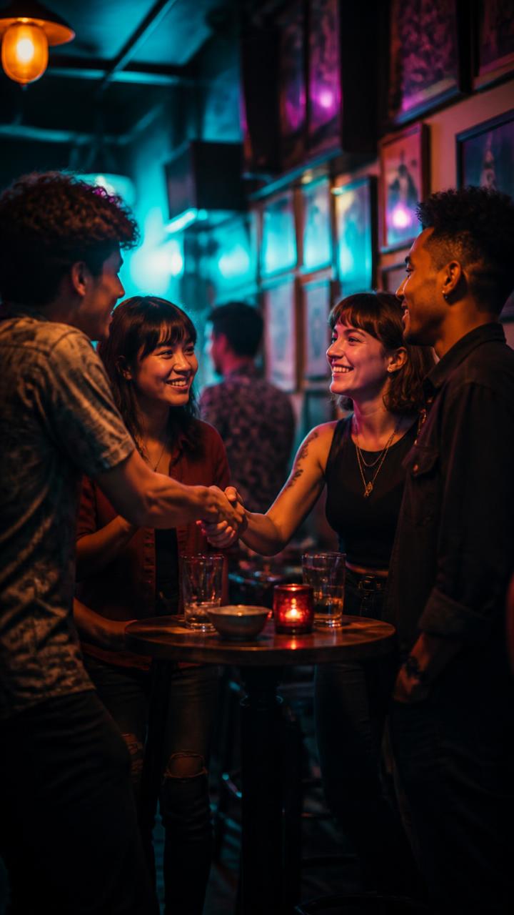 People meeting for the first time at a neon-lit local bar through a ROUNDS Round